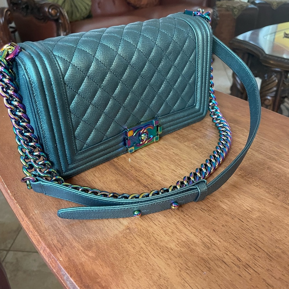 16C Chanel Iridescent Emerald Green Small Boy Classic Flap Bag Rainbow HW
